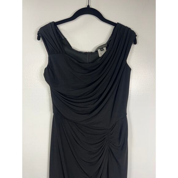 Tadashi Shoji Gathered Ruched Slimming Midi Black Dress LBD Elegant Polished - Picture 3 of 9